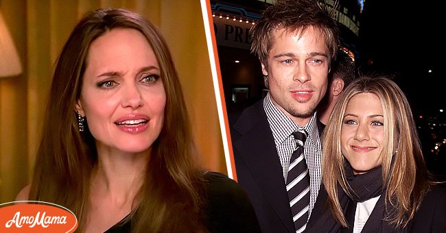Angelina Jolie during an interview with ExtraTV posted on YouTube on October 1, 2019 [left]. Brad Pitt and Jennifer Aniston in Los Angeles, California, on December 5, 2001 [right] | Photo: YouTube/ExtraTV - Getty Images