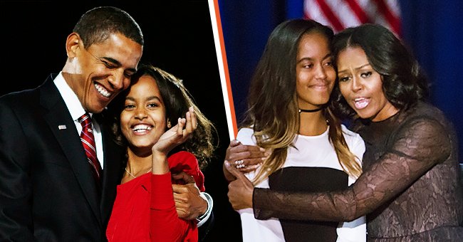 Barack Obama embraces his daughter Malia after Obama gave his victory speech in Grant Park on November 4, 2008 [left]. Malia Obama, and her mom, First Lady Michelle Obama, share a hug onstage, after U.S. President Barack Obama delivered his farewell address to the American people at McCormick Place Convention Center[right]. | Photo: Getty Images