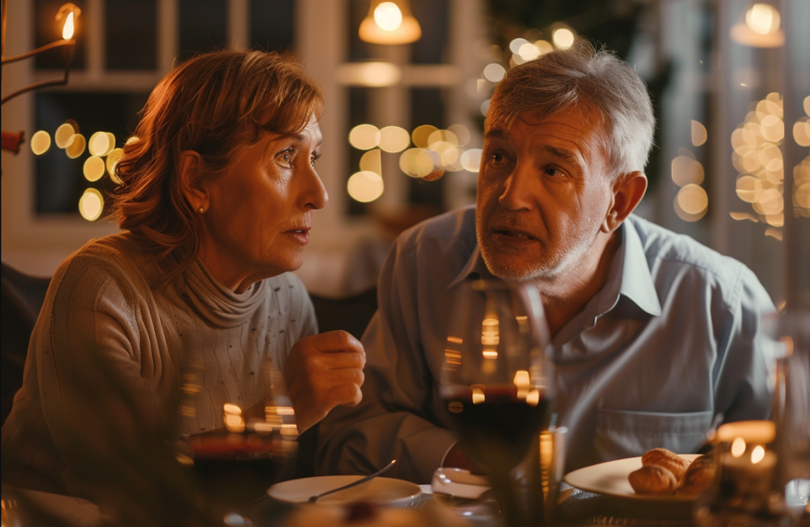 A couple looking confused at a dinner table | Source: Midjourney