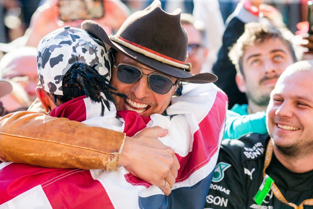 Matthew McConaughey hugs Lewis Hamitlon at F1 Grand Prix in Austin, Texas on November 3, 2019 | Photo: Getty Images