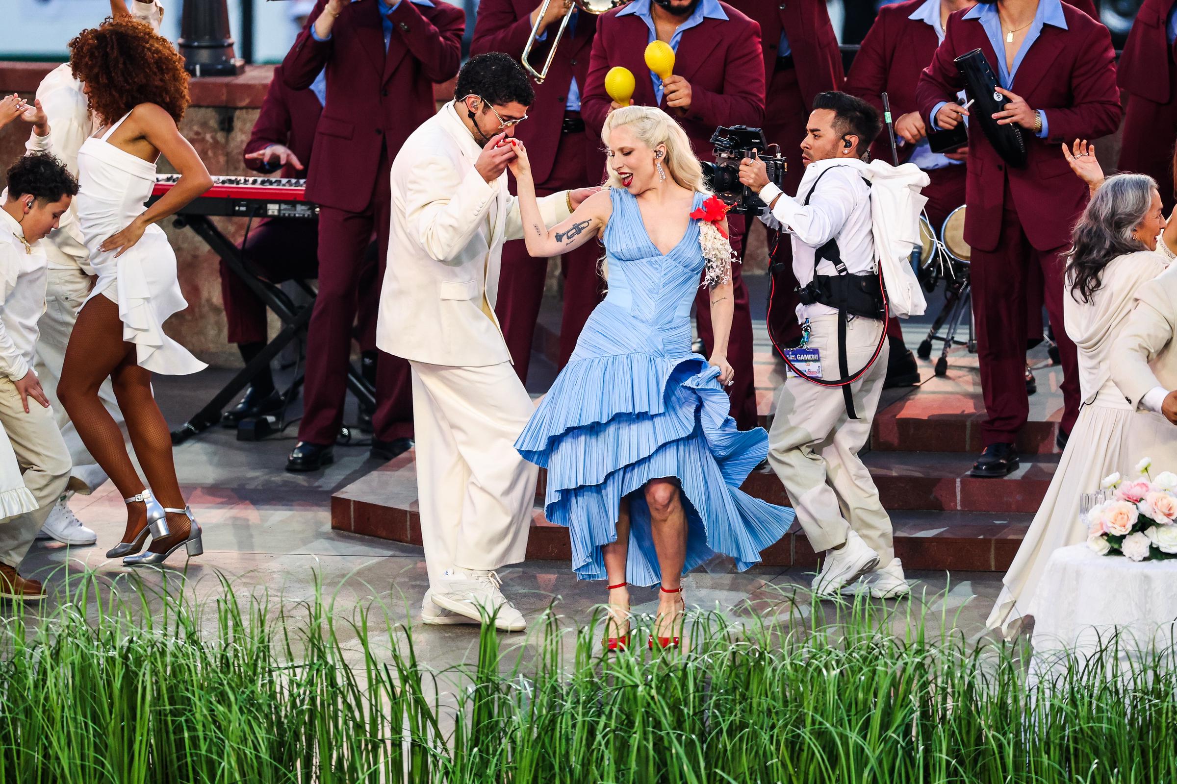 Lady Gaga dancing and performing with Bad Bunny at the 2026 Super Bowl. | Source: Getty Images