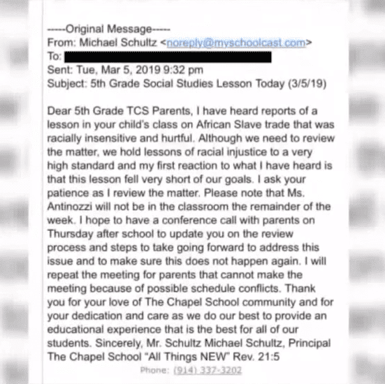 Screenshot of the school principal’s mail to parents. | Photo:YouTube/ PIX11 News