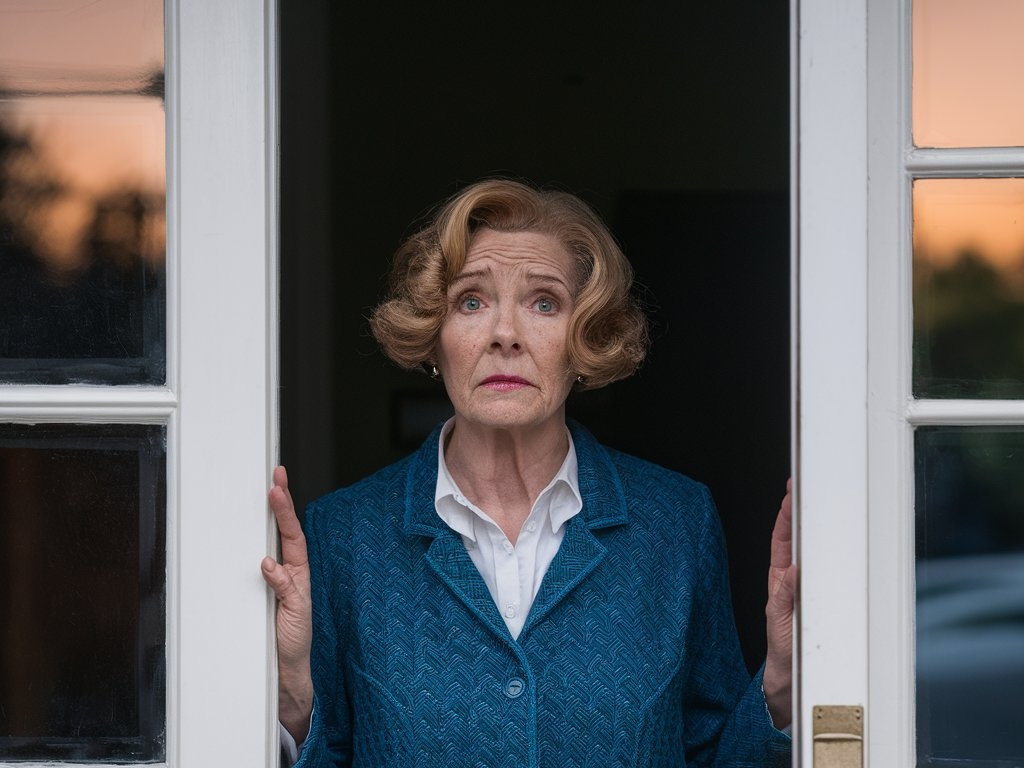 A worried-looking woman standing at a front door | Source: Midjourney