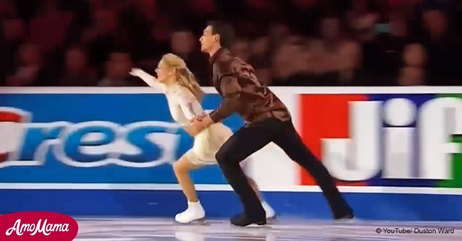 Husband embraces wife on the ice. Within seconds, they make real magic on ice