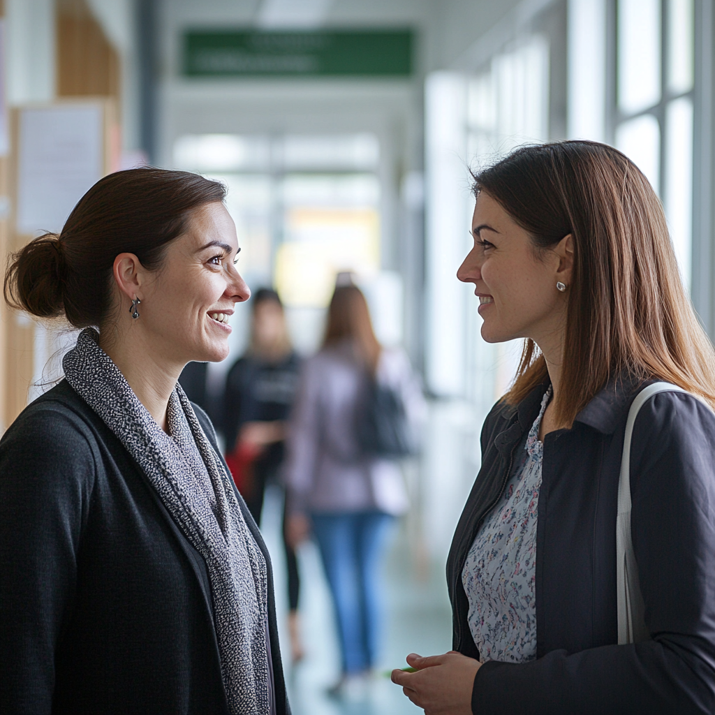 Two women talking in a school | Source: Midjourney