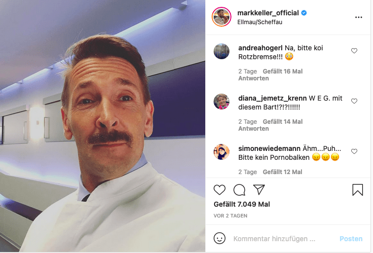 Der "Bergdoktor"-Schauspieler Mark Keller zeigt sich auf seinem Instagram Kanal mit einem Schnauzbart. | Quelle: instagram.com/markkeller