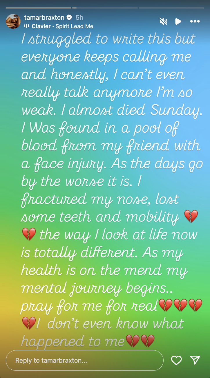 In a later Story, Tamar Braxton shared that she experienced a serious health scare that left her with significant injuries, as posted on August 19, 2025 | Source: Instagram/tamarbraxton