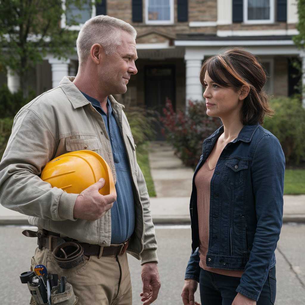 A construction worker and a woman talk amiably on a street | Source: Midjourney