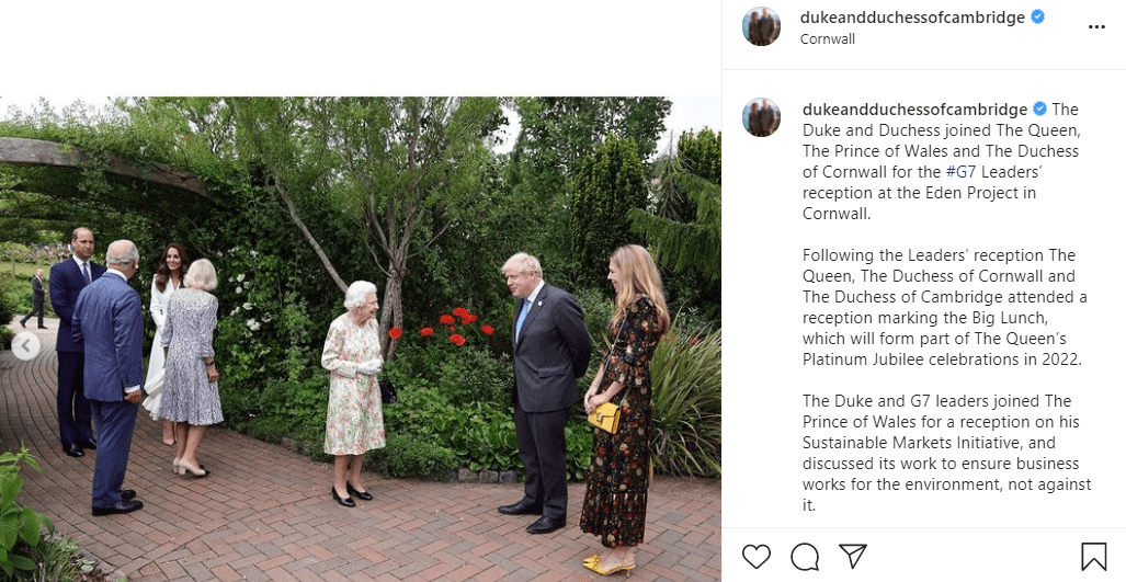 The Queen, Prince Charles, Duchess Camilla, Prince William, Duchess Kate, and Boris Johnson meet at the G7 reception on June 11, 2021, at the Eden Project in Cornwall | Photo: Instagram/@dukeandduchessofcambridge