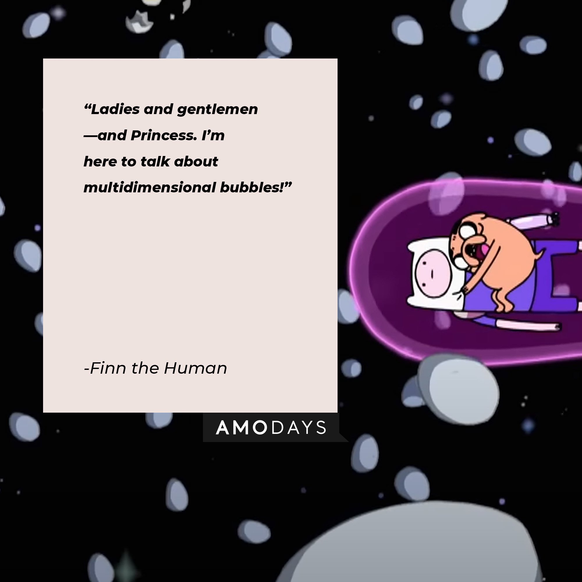  Finn the Human’s quote: “Ladies and gentlemen—and Princess. I’m here to talk about multidimensional bubbles!” | Image: AmoDays
