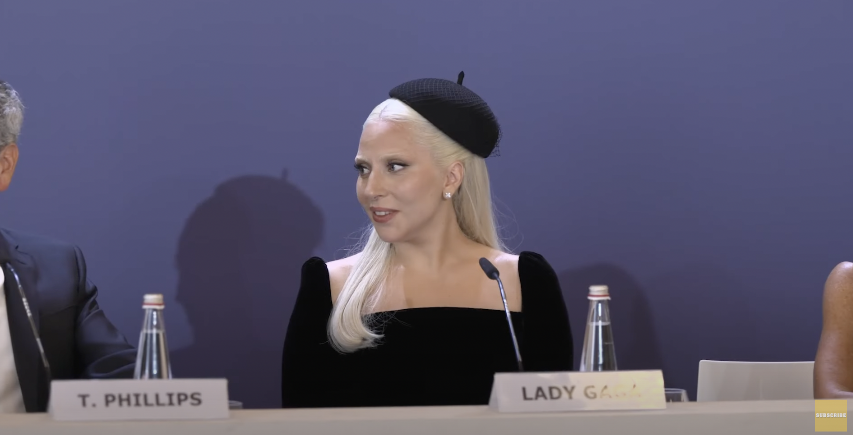 Lady Gaga reacts to Joaquin Phoenix praising her weight loss, during a Venice Film Festival press conference, from a YouTube video, dated September 4, 2024 | Source: Youtube/@pagesix