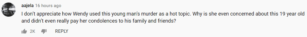 A fan's comment on Wendy Williams's comments on Swavy's murder. | Photo: YouTube/TheWendyWilliamsShow