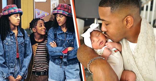 Marques Houston as his character Roger Evans with Tia and Tamera Mowry on "Sister, Sister" [Left]. Houston kissing his newborn, Zara, December 2021 [Right]. | Photo: Instagram/iammiyahouston & Getty Images