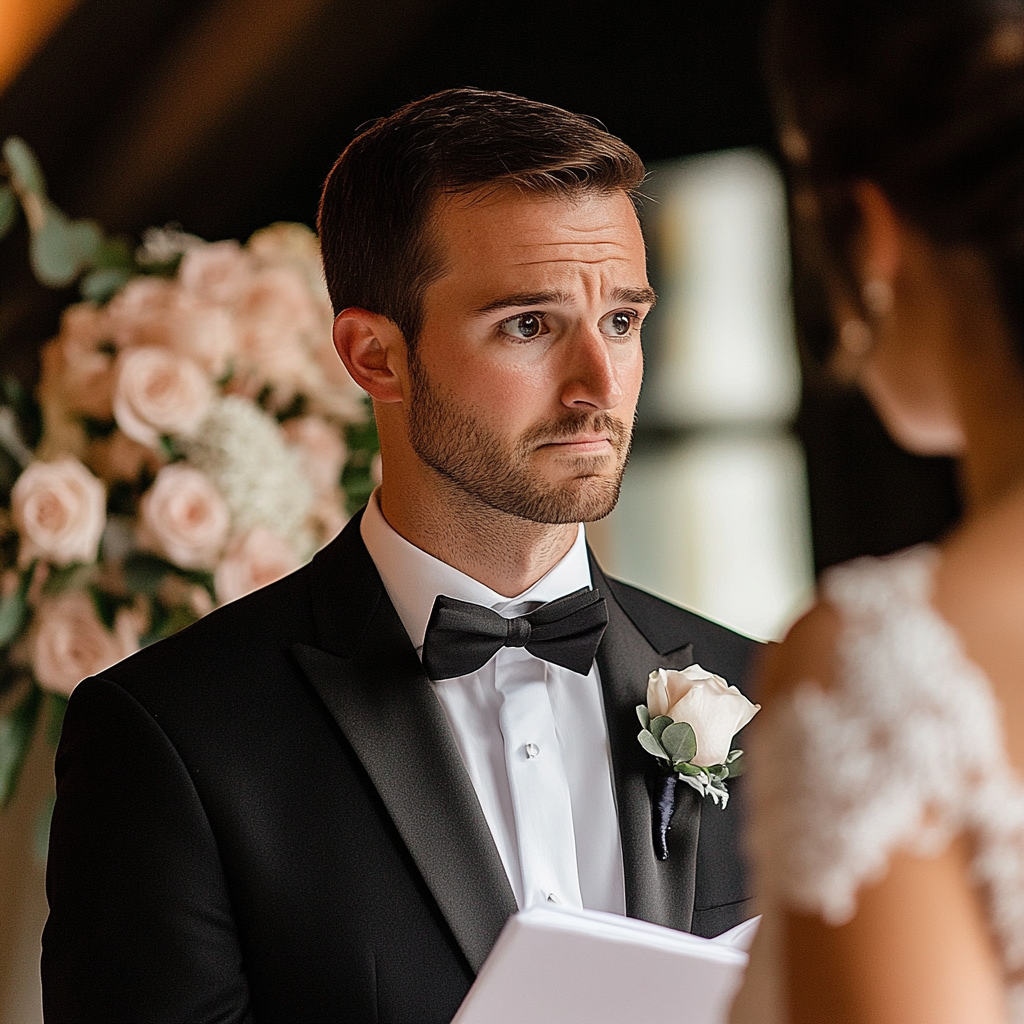 Groom standing in front of his bride, worried | Source: Midjourney