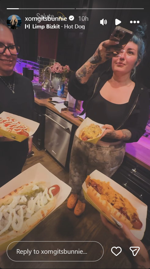 Bunnie XO posted an Instagram Story showing a playful hot dog toast with friends. The video did not address Jelly Roll, their divorce, or the speculation surrounding their relationship. | Source: Instagram Story/xomgitsbunnie