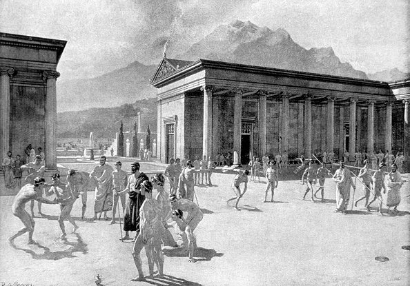 Greek Gymnasium at the Time of the First Olympic Games, Engraving, 776 BC | Source: Getty Images
