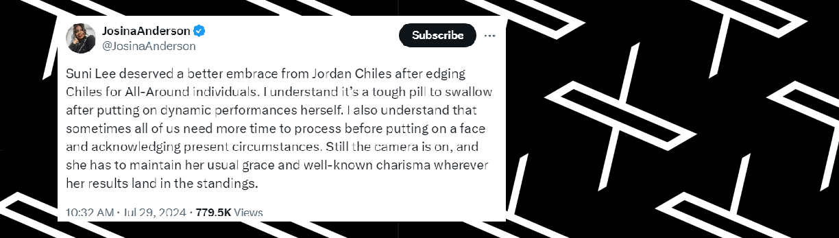 Josina Anderson's post about Jordan Chiles's demeanor at the All-Around competition, posted in July 2024 | Source: x.com/JosinaAnderson