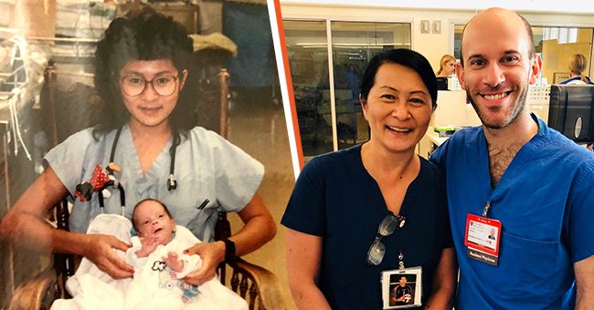 Brandon Seminatore as an infant with Vilma Wong [left]; Brandon Seminatore as an adult with Vilma Wong [right]. │Source: facebook.com/stanfordchildrens