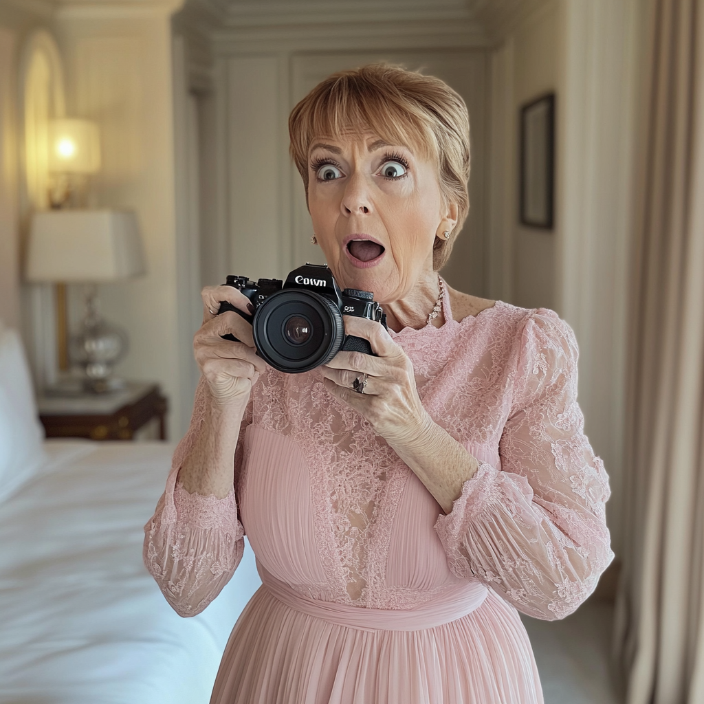 A shocked woman holding a camera | Source: Midjourney