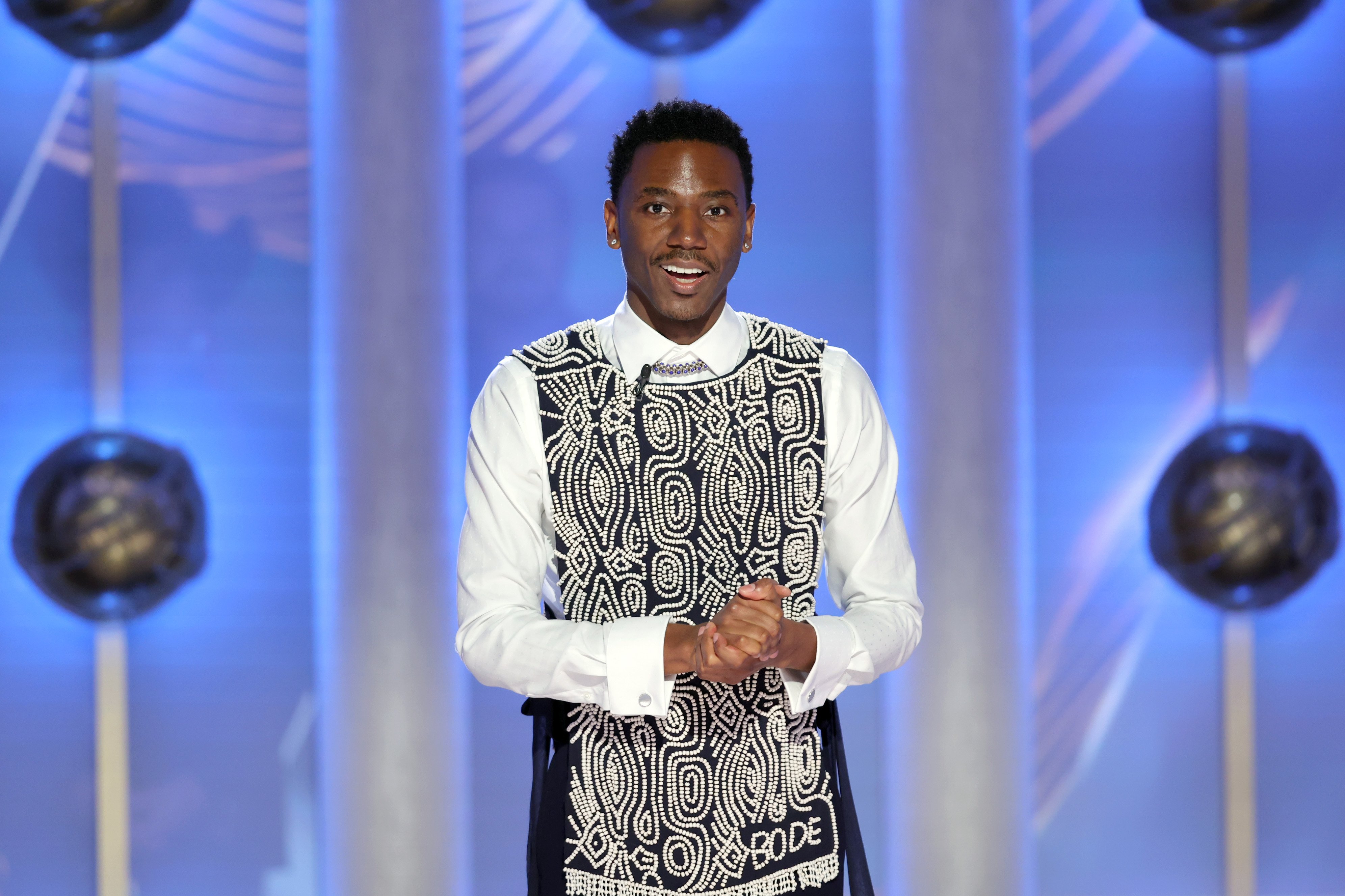 Host Jerrod Carmichael is pictured as he speaks onstage at the 80th Annual Golden Globe Awards held at the Beverly Hilton Hotel on January 10, 2023, in Beverly Hills, California | Source: Getty Images