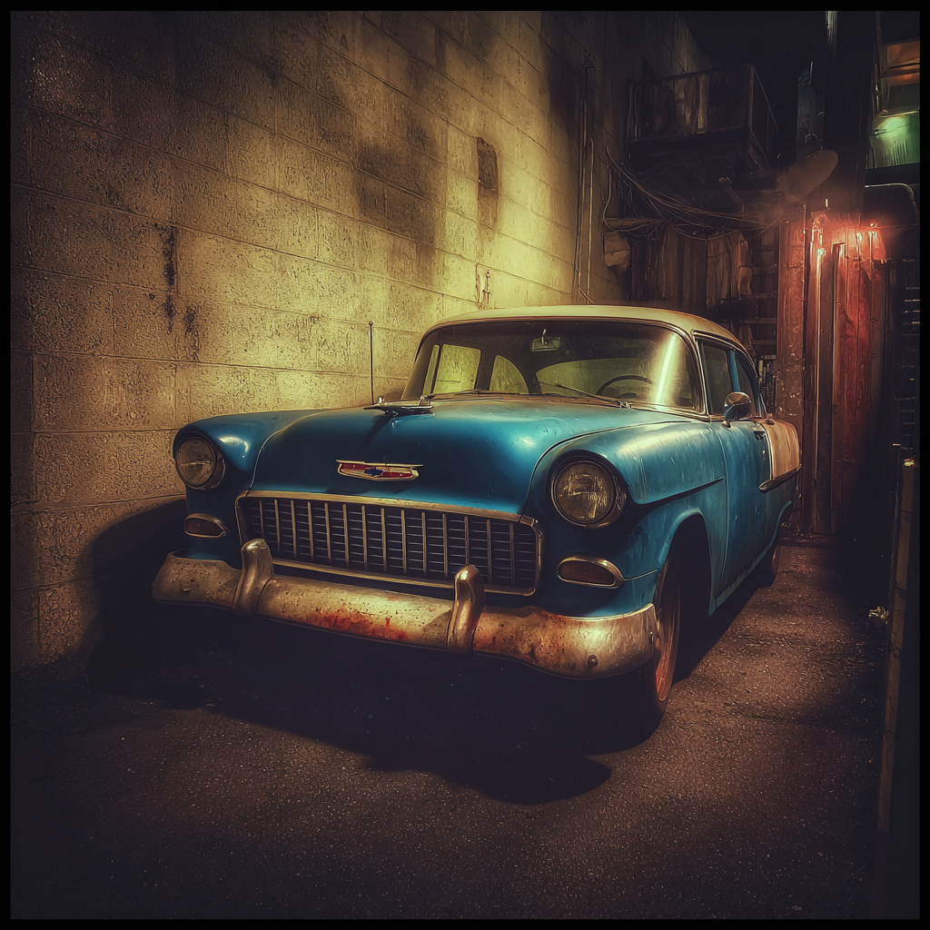 An old car parked in an alley | Source: Midjourney