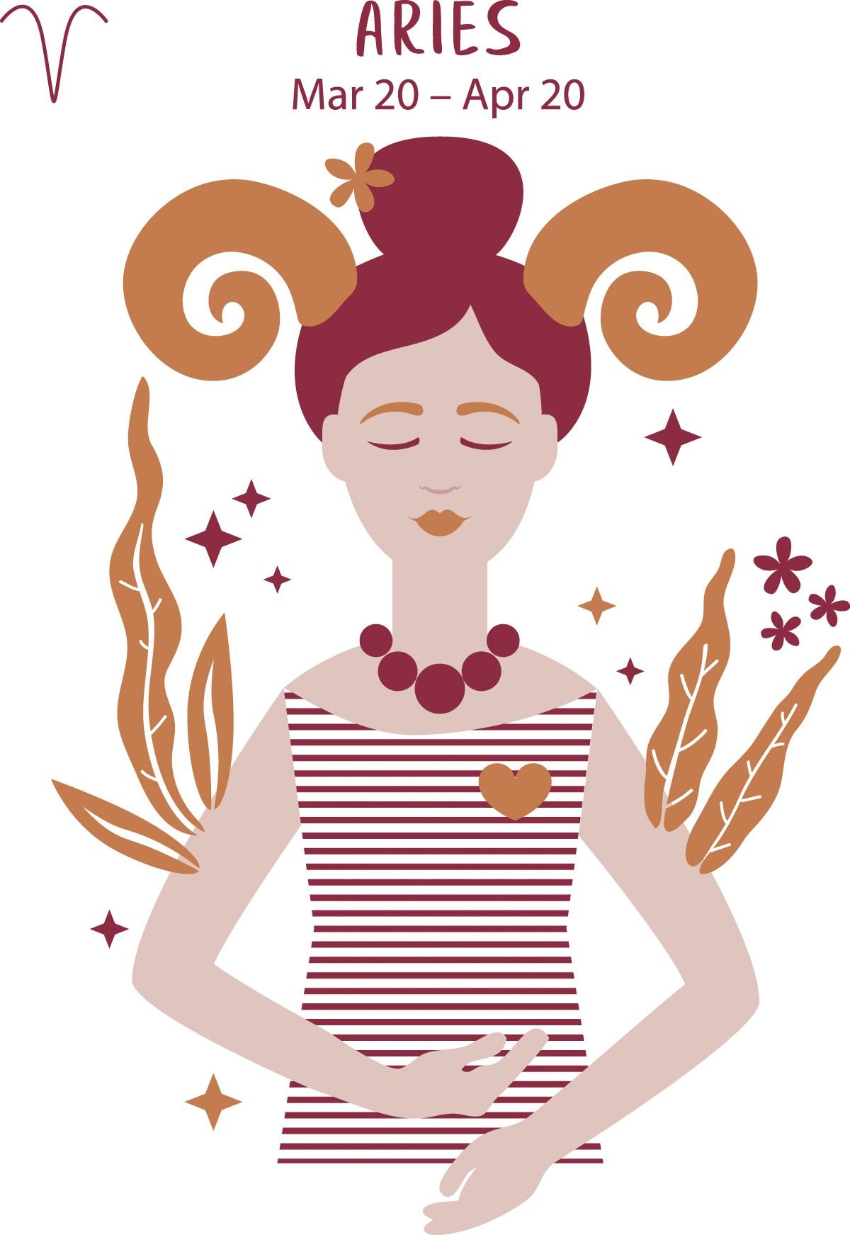 Aries (March 20 to April 20) represented by a horned woman with her eyes closed. 