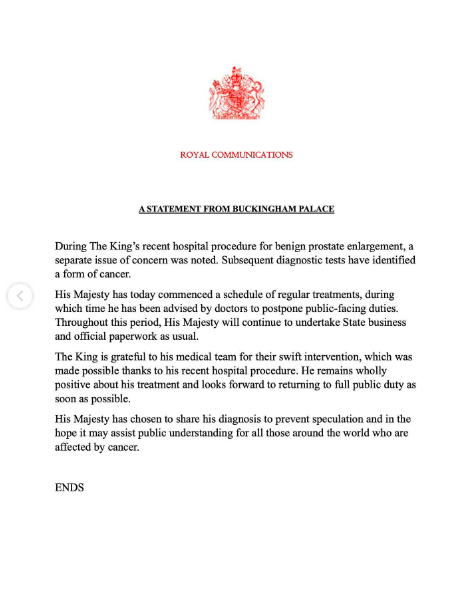 The statement announcing King Charles III's cancer diagnosis posted on February 5, 2024 | Source: Instagram/theroyalfamily