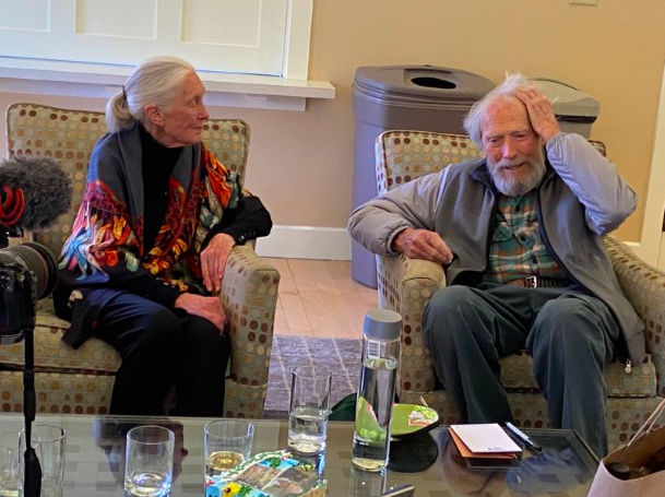 Dr. Jane Goodall and Clint Eastwood conversing during her speaking event, posted on March 30, 2024 | Source: LinkedIn/Fred Greenstein