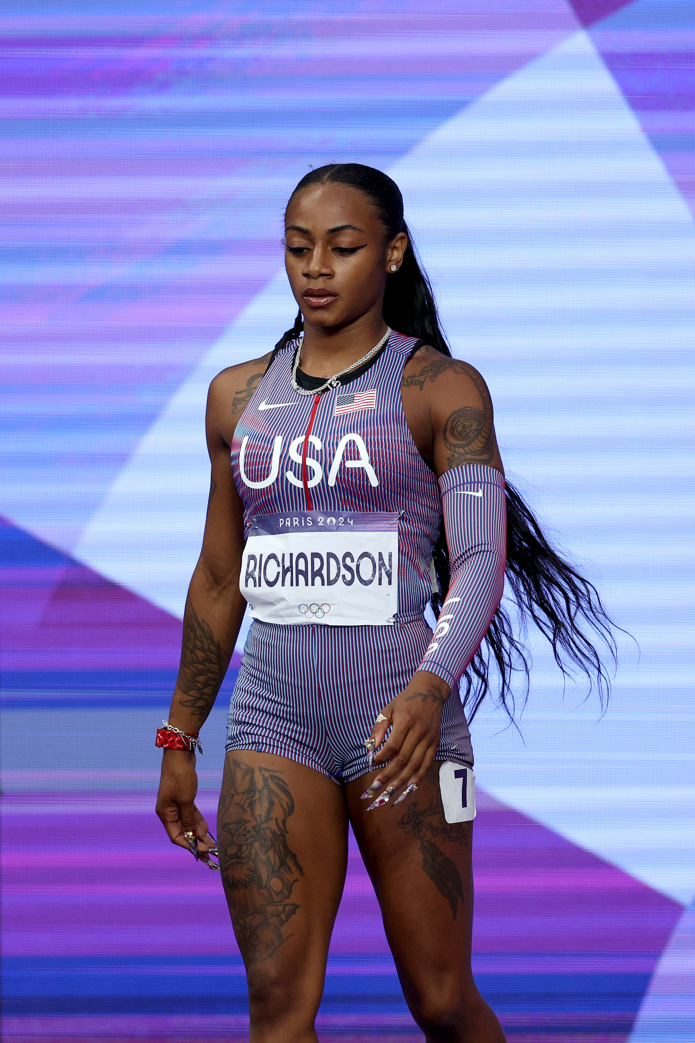 Sha'Carri Richardson during the women's 100m semifinals at the Paris Olympics in Paris, France on August 3, 2024 | Source: Getty Images