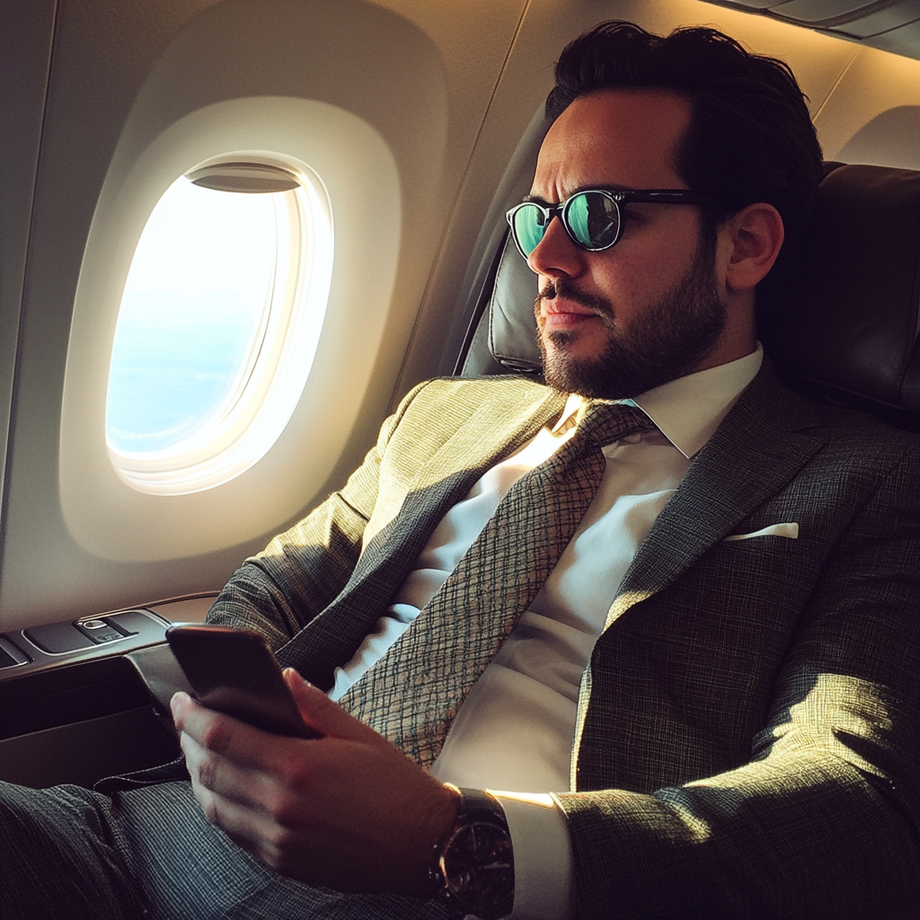 A business man looking out of a window in an airplane | Source: Midjourney