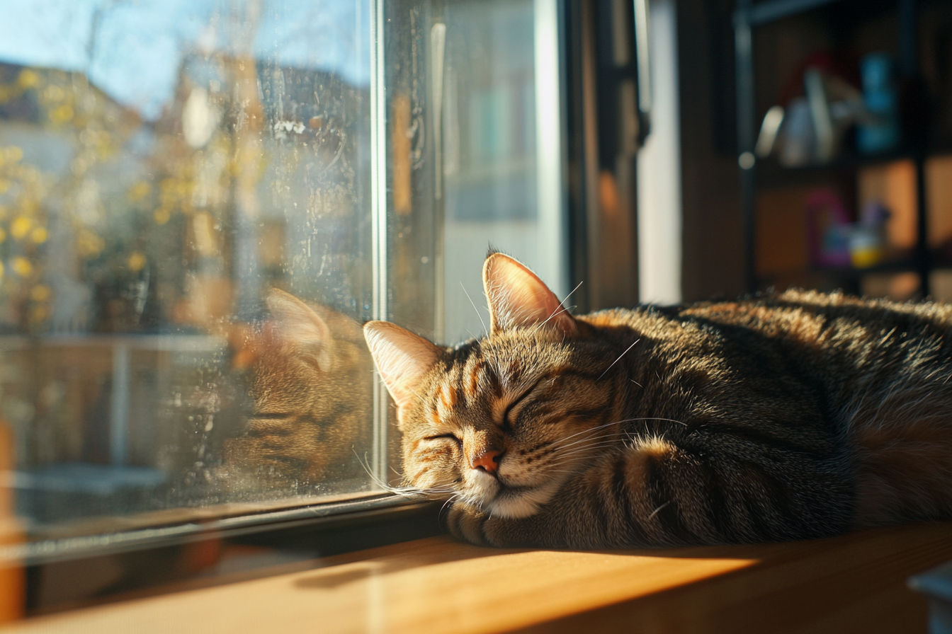 A cat sleeping near a glass window | Source: Midjourney