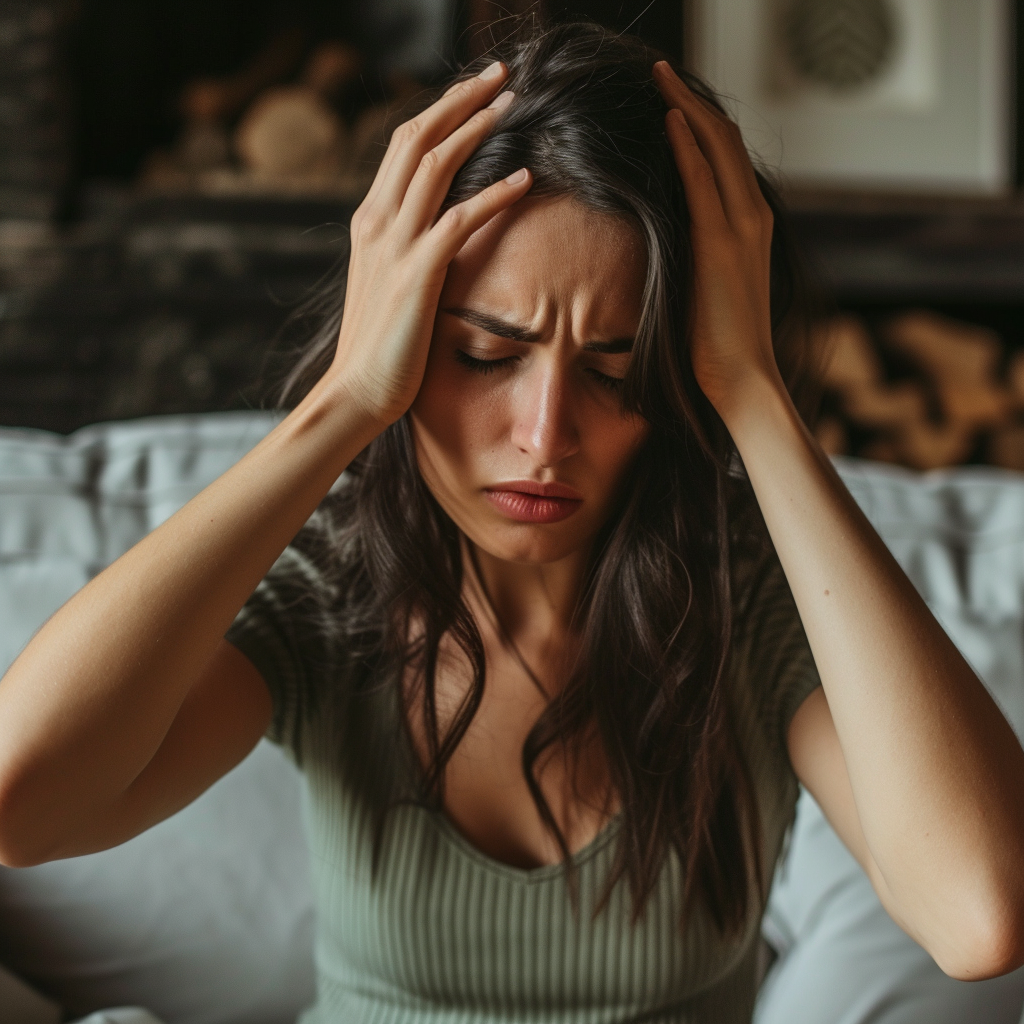 An upset woman holding her head | Source: Midjourney