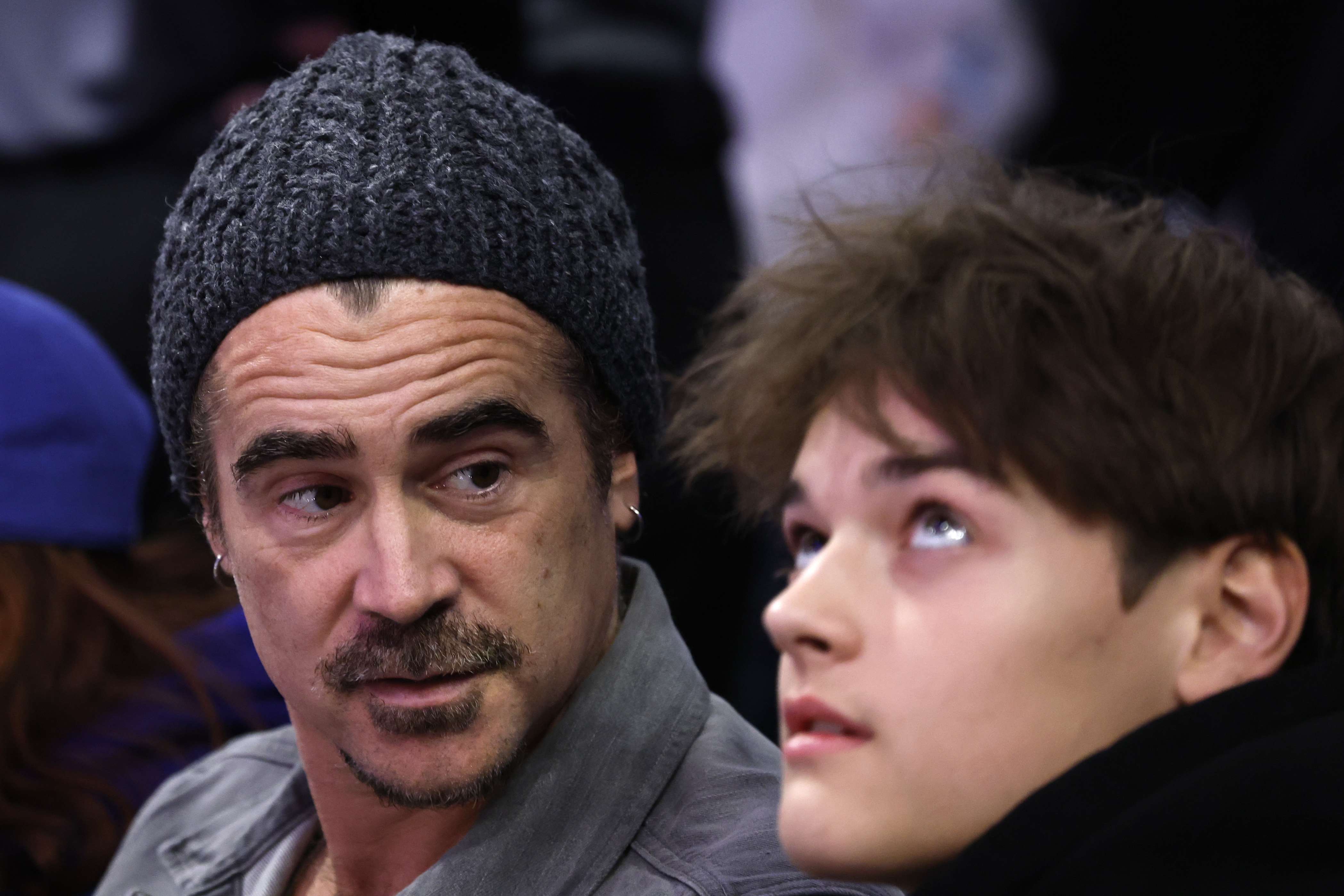 Colin Farrell and James look on during the Emirates NBA Cup game between the Los Angeles Lakers and the Oklahoma City Thunder at Crypto.com Arena on November 29, 2024 in Los Angeles, California | Source: Getty Images