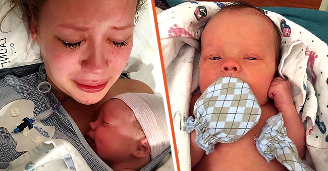 Biological mother Hannah Mongie crying while holding her newborn Taggart [left]; Taggart [right]. │Source: facebook.com/hmongie