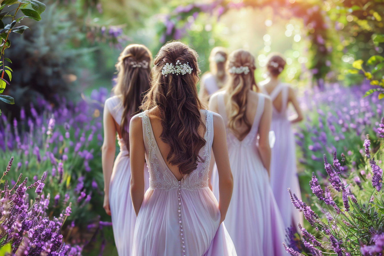 Bridesmaids walking down the aisle in stunning lavender dresses | Source: Midjourney