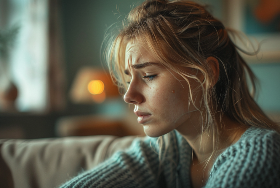 A sad woman sitting on the couch | Source: Midjourney