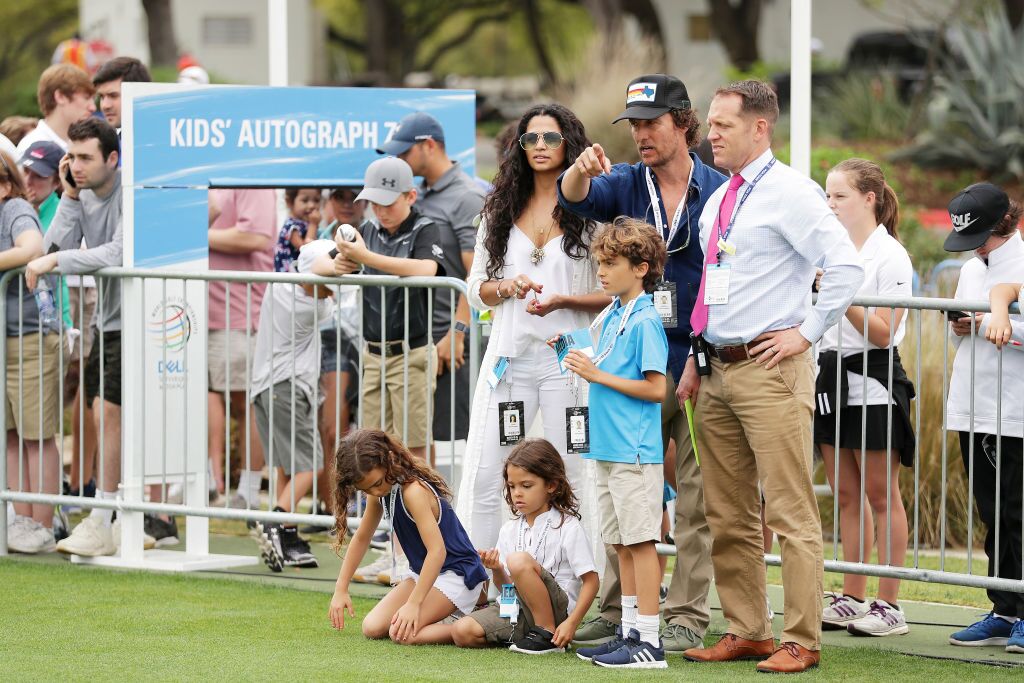 Matthew McConaughey, Camila Alves and their children Levi, Vida and Livingston attend the final round of the World Golf Championships-Dell Match Play | Getty Images