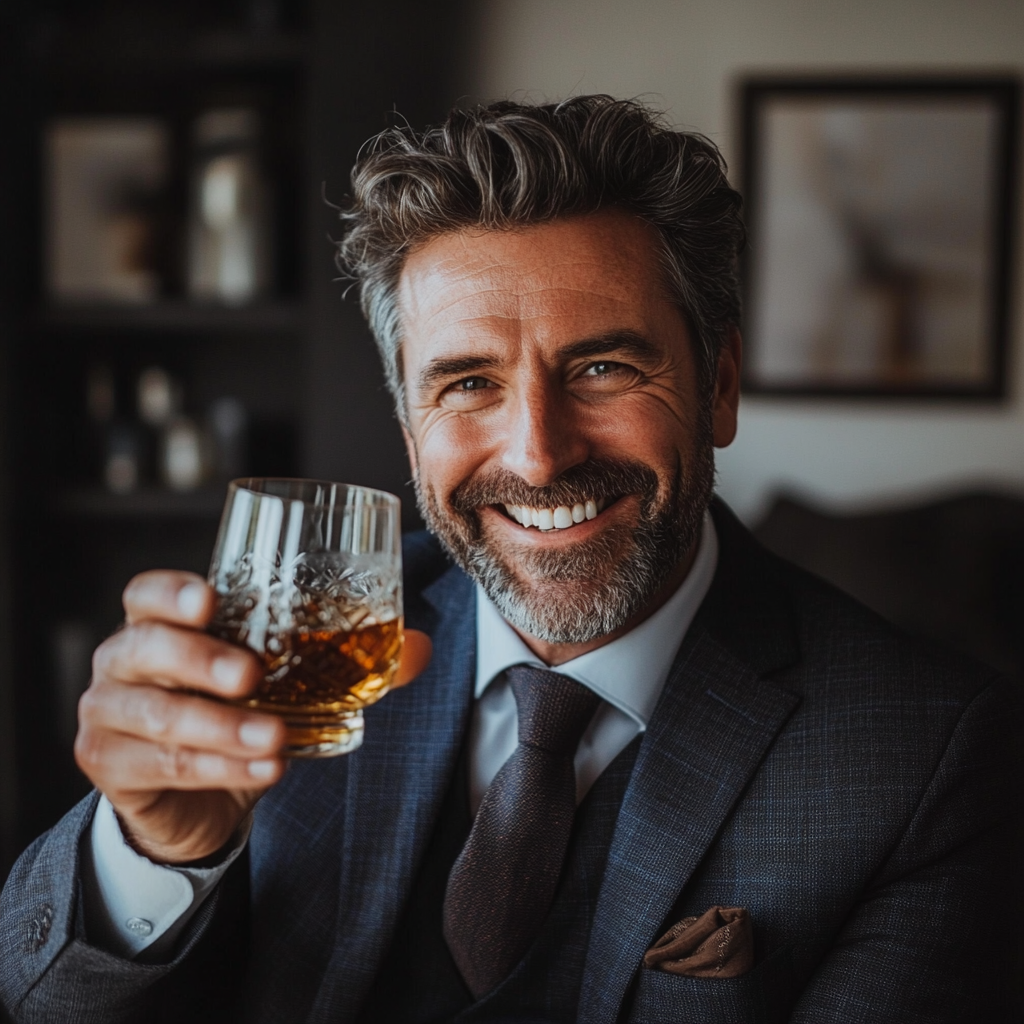 A man in a suit holding a glass | Source: Midjourney