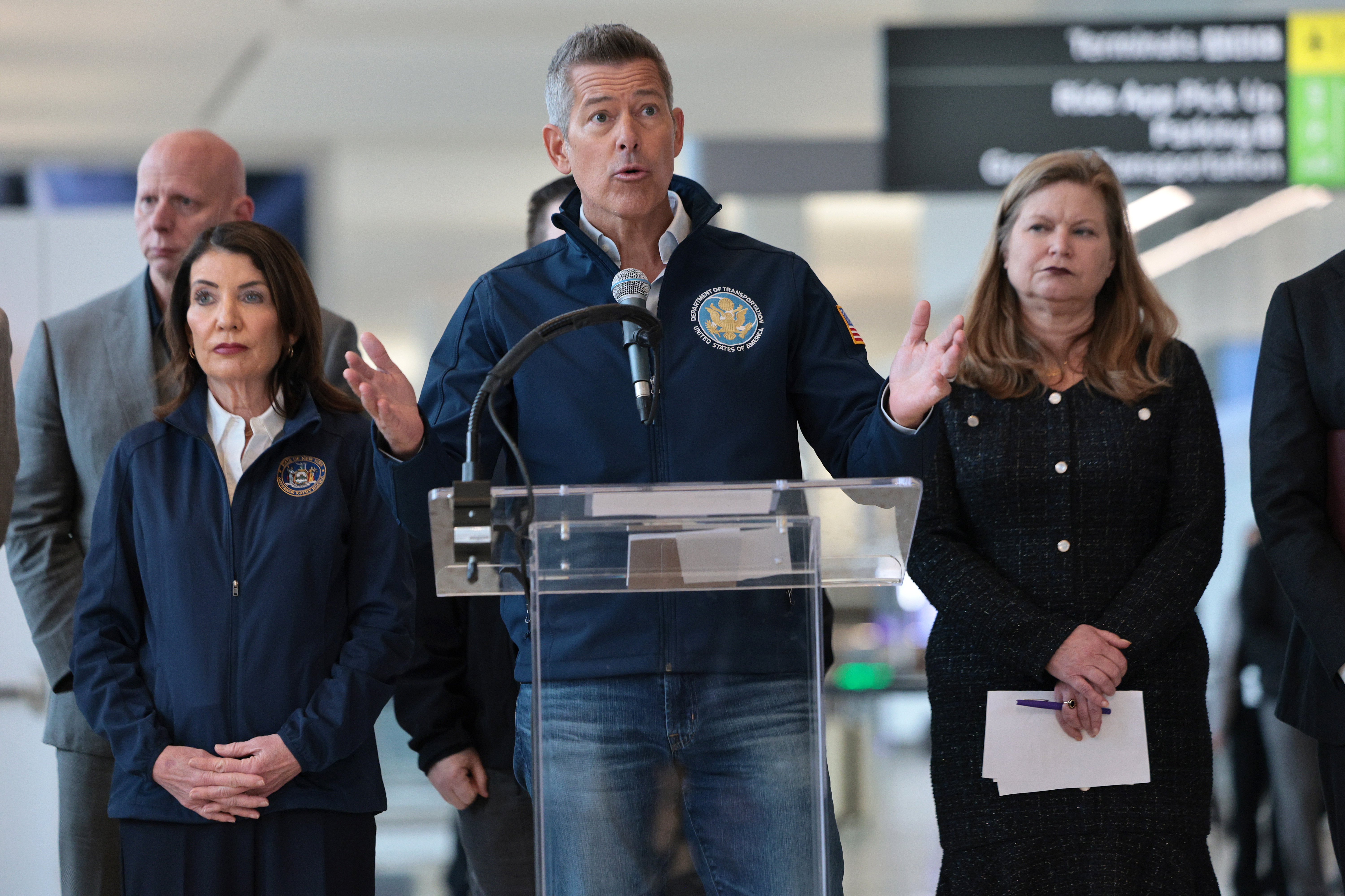 Sean Duffy speaks during a press conference at LaGuardia Airport following the Air Canada collision in New York City, March 23, 2026 | Source: Getty Images