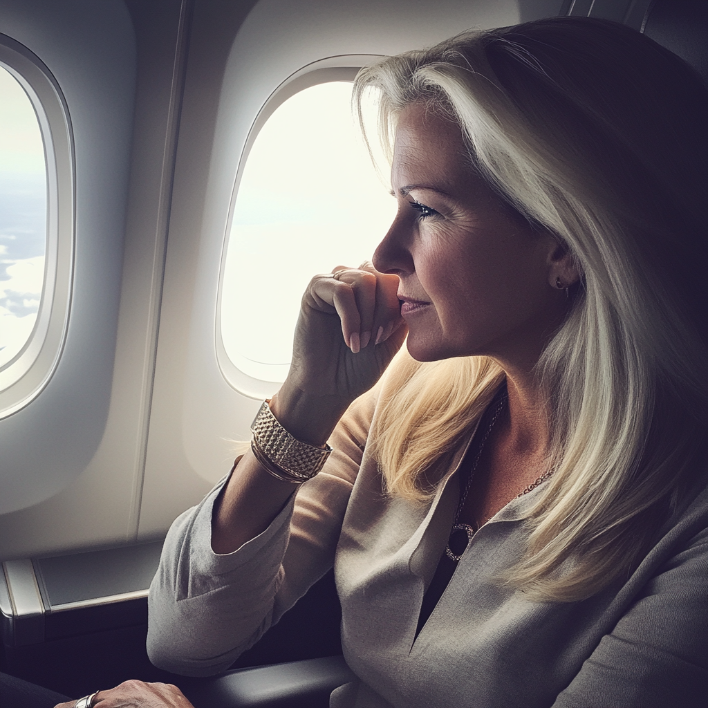 A woman looking out of an airplane window | Source: Midjourney