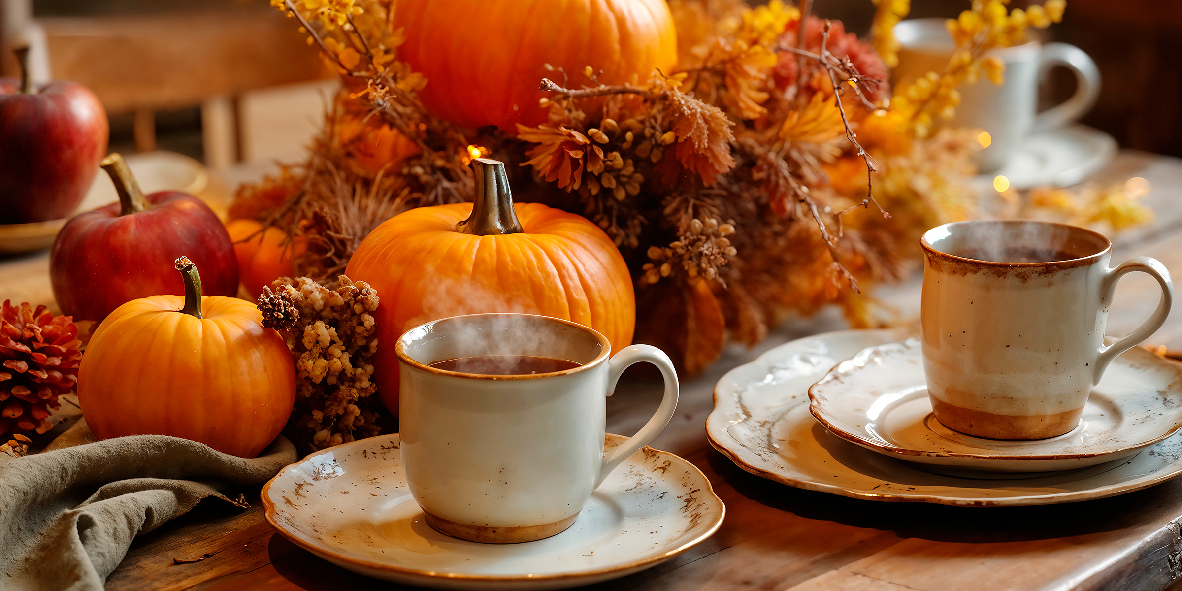 A festive table set with pumpkins and ceramic cups | Source: Freepik