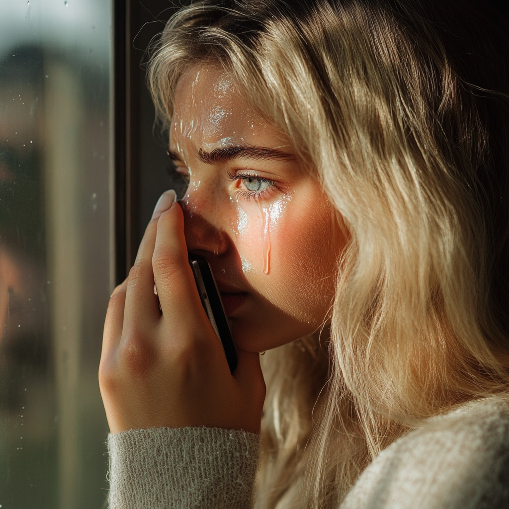 An emotional woman on phone | Source: Midjourney