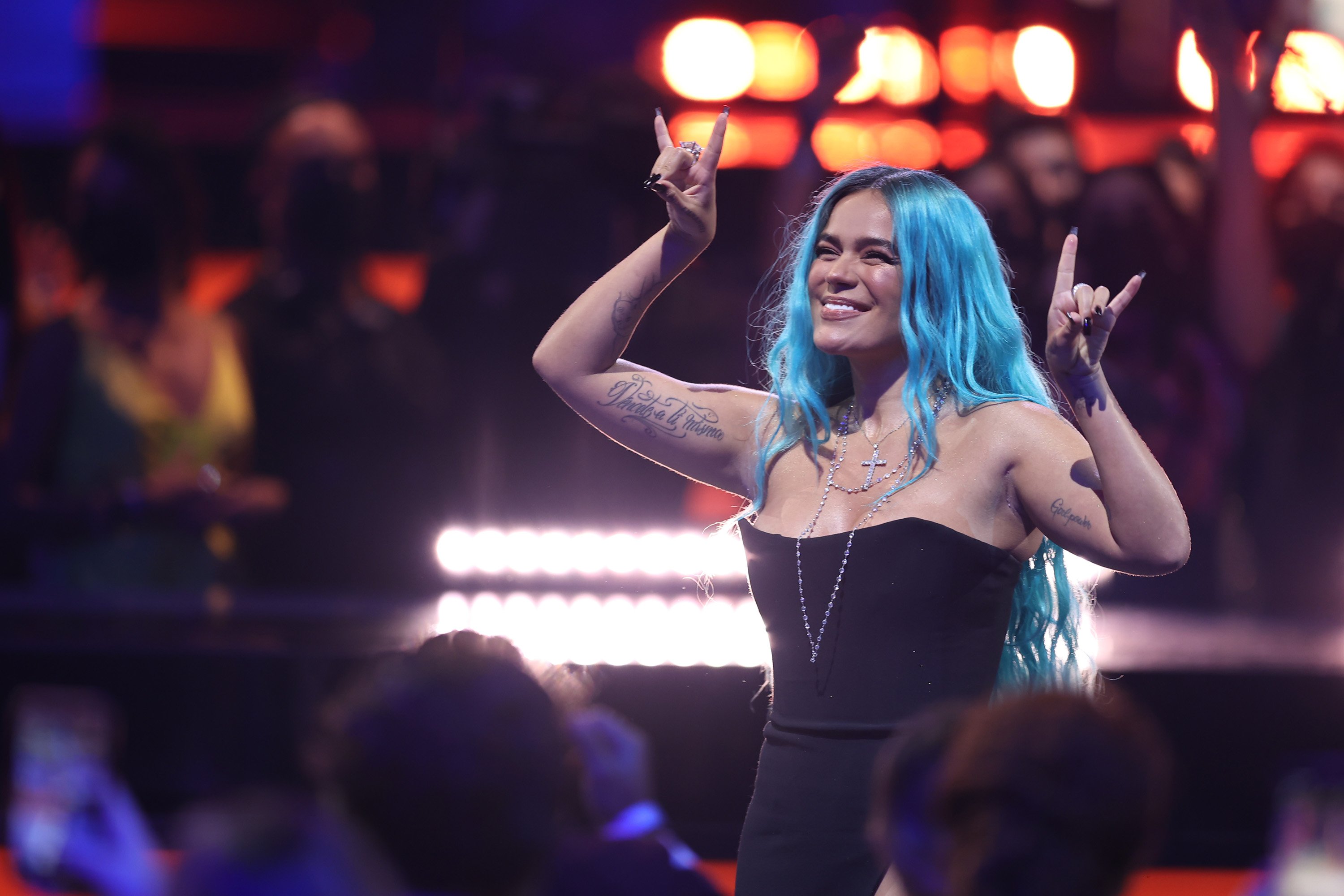 Karol G is pictured on stage during the 2021 Billboard Latin Music Awards at the Watsco Center on September 23, 2021, in Coral Gables, FL | Source: Getty Images