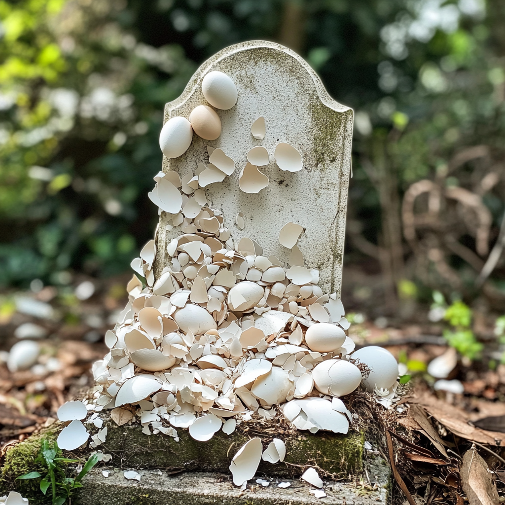 A gravestone covered in eggshells | Source: Midjourney