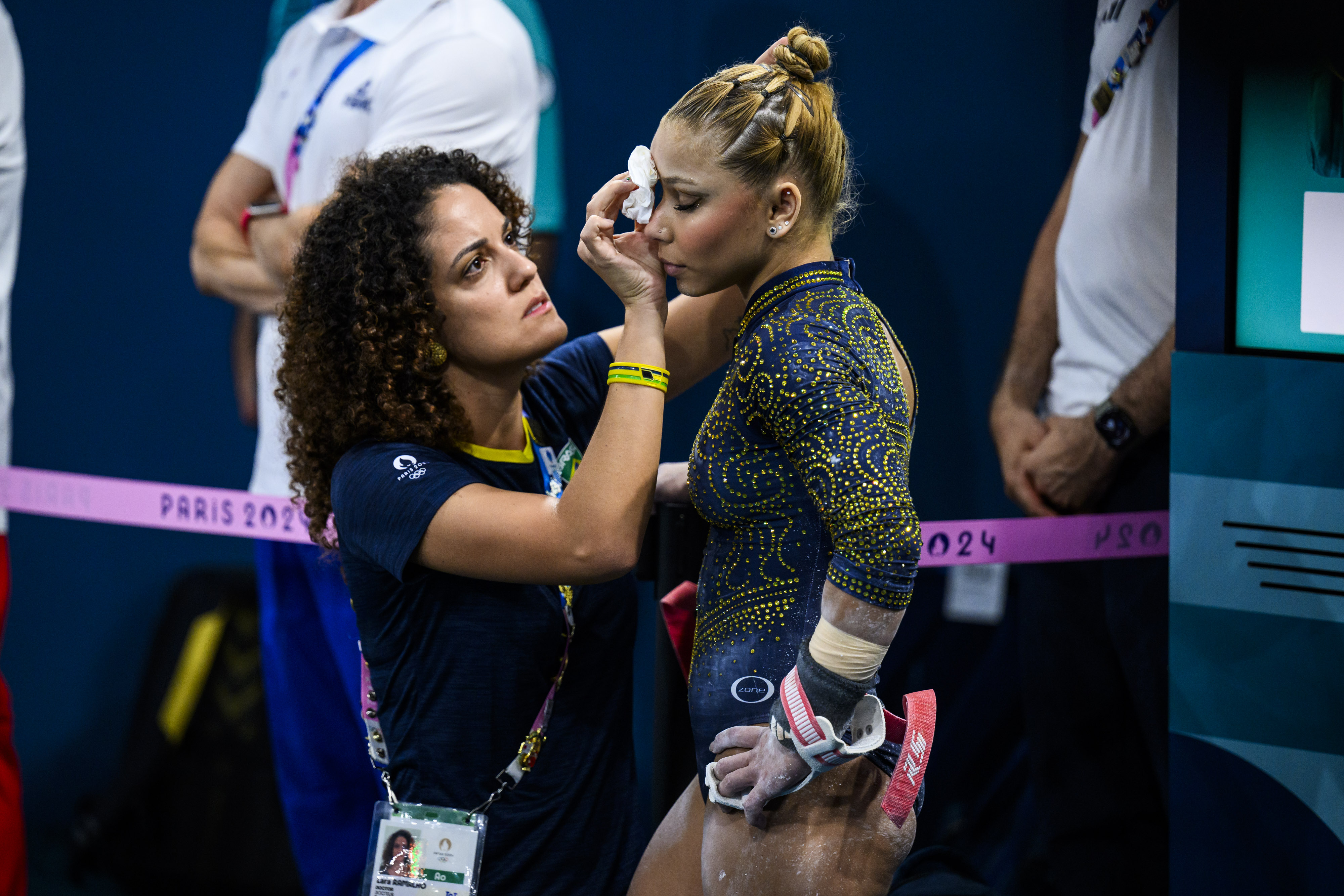 Flavia Saraiva receives medical treatment during the Artistic Gymnastics Women's Team Final on July 30, 2024, in Paris, France. | Source: Getty Images