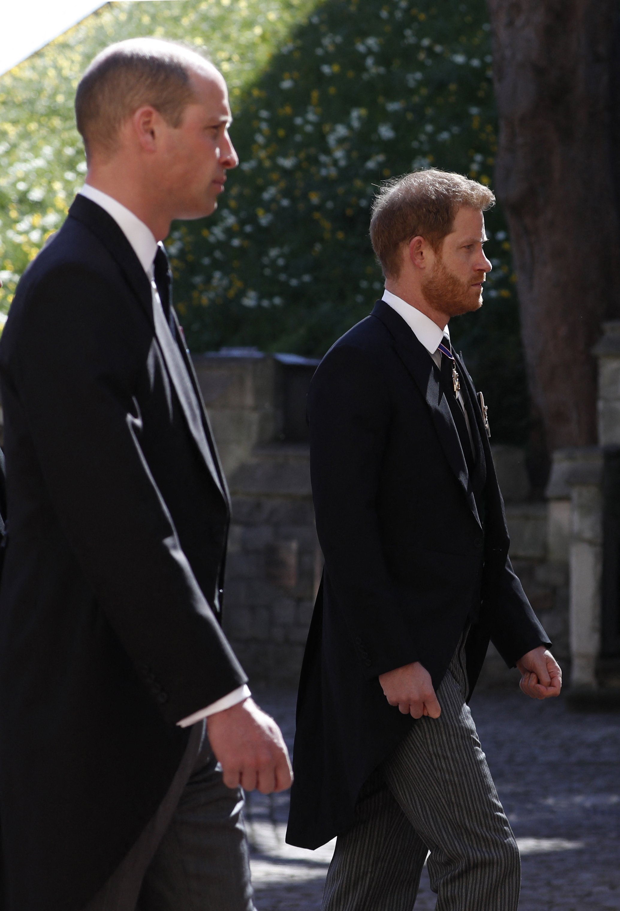 Prince William,  and Prince Harry, during the ceremonial funeral procession of Britain's Prince Philip, Duke of Edinburgh to St George's Chapel in Windsor Castle in Windsor, west of London, on April 17, 2021 | Source: Getty Images