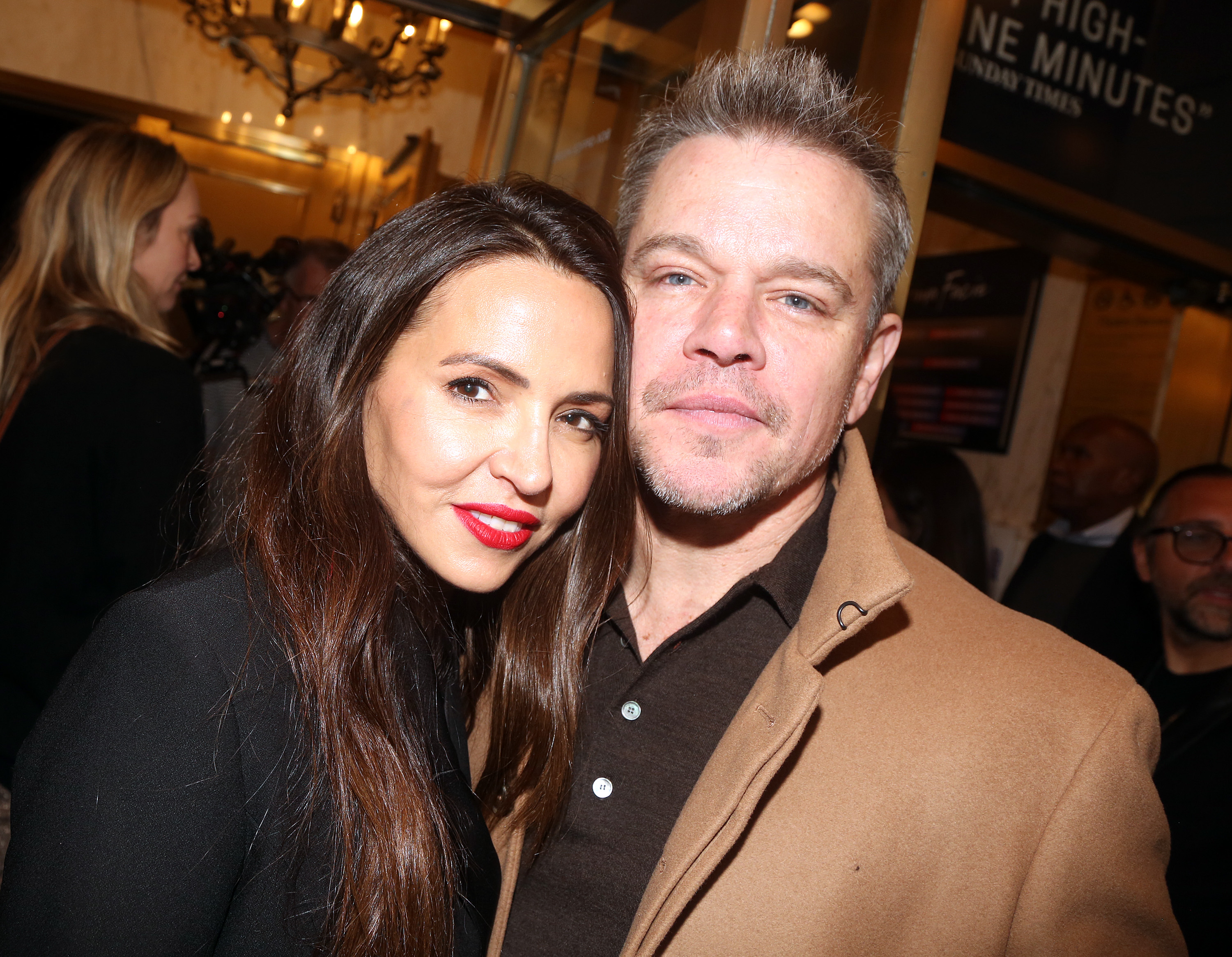 Luciana Barroso Damon and Matt Damon pose at the opening night of the play "Prima Facie" on Broadway at The Golden Theatre on April 23, 2023 in New York City. | Source: Getty Images