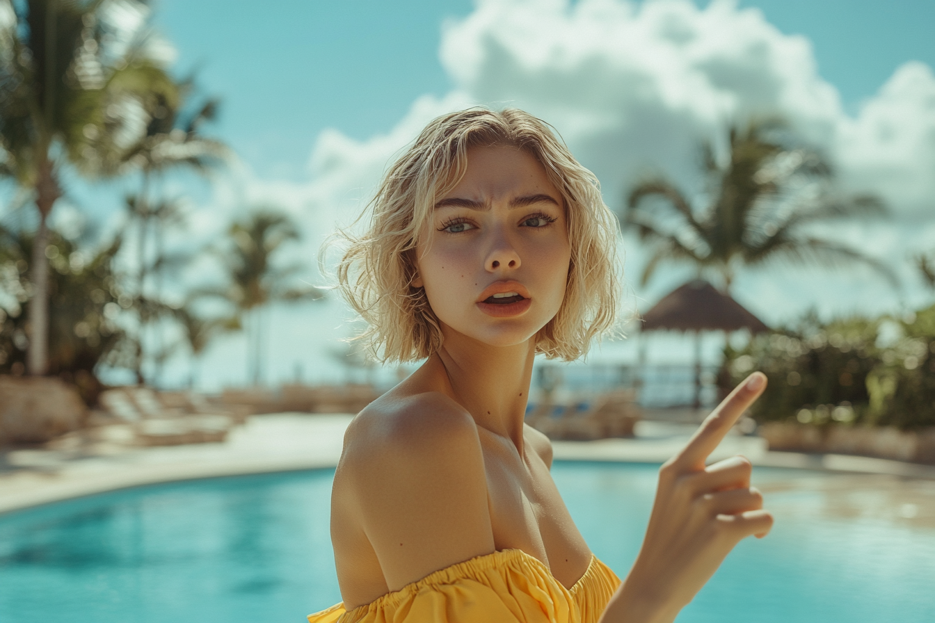 A woman pointing a finger by the pool | Source: Midjourney