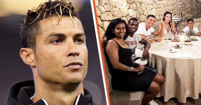 Cristiano Ronaldo looks on prior to the UEFA Champions League Final between Juventus and Real Madrid at National Stadium of Wales on June 3, 2017 in Cardiff, Wales (left), and with his family and friends Jose and Soraia Semedo (right) | Photo: Getty Images