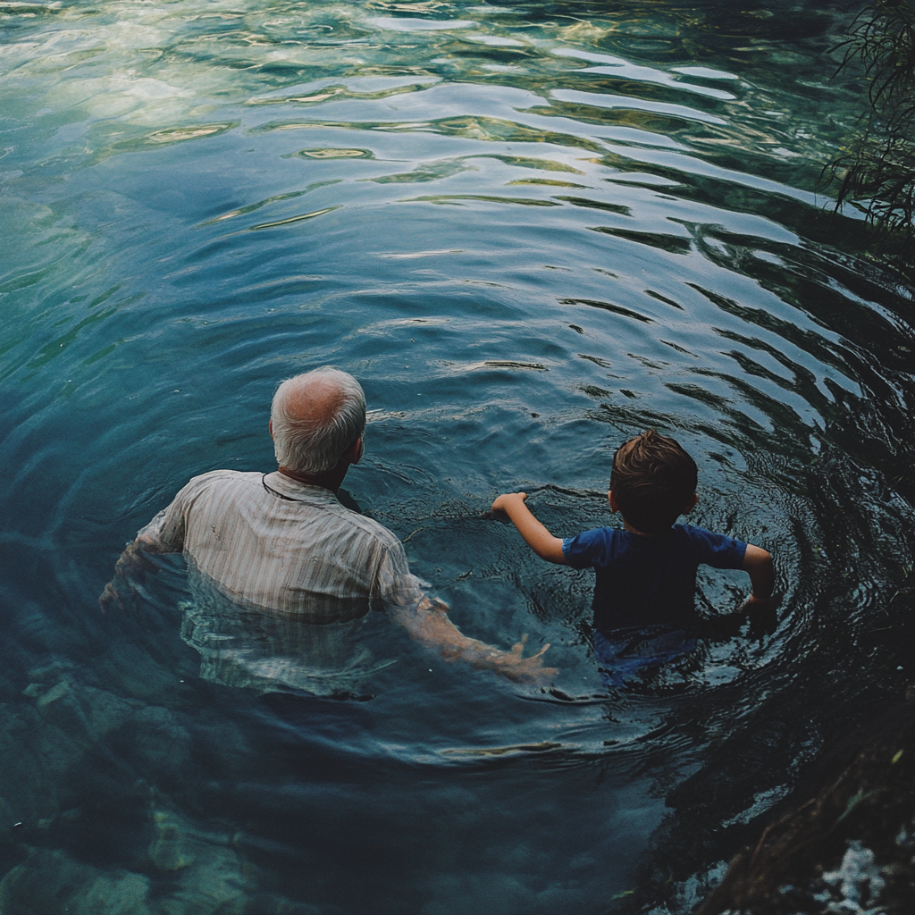 An old man and a young boy swimming | Source: Midjourney